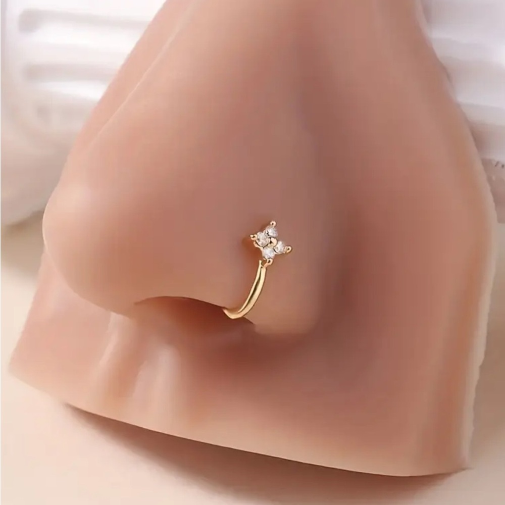 Gold Nose Ring with Clear Gem Cluster - Women Jewelry